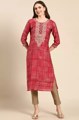 women's knee length round neck coral embellished straight kurta