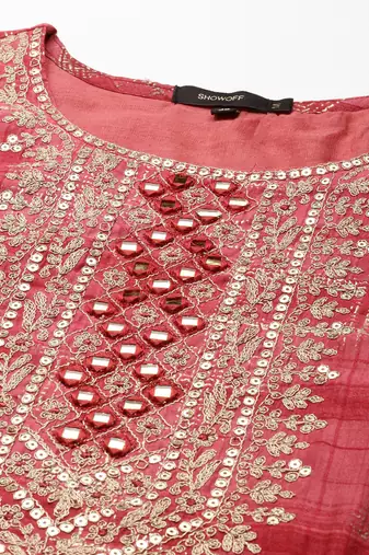 women's knee length round neck coral embellished straight kurta