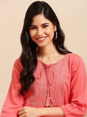 women's calf length round neck peach solid straight kurta 1