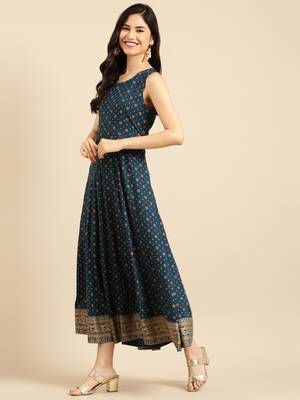 Showoff women's ankle length round neck teal ethnic motifs anarkali kurta 3