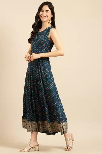 Showoff women's ankle length round neck teal ethnic motifs anarkali kurta