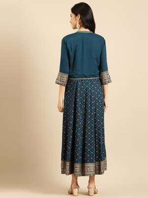 Showoff women's ankle length round neck teal ethnic motifs anarkali kurta 4