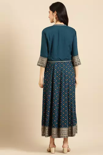 Showoff women's ankle length round neck teal ethnic motifs anarkali kurta
