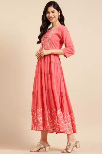 women's calf length round neck peach solid straight kurta