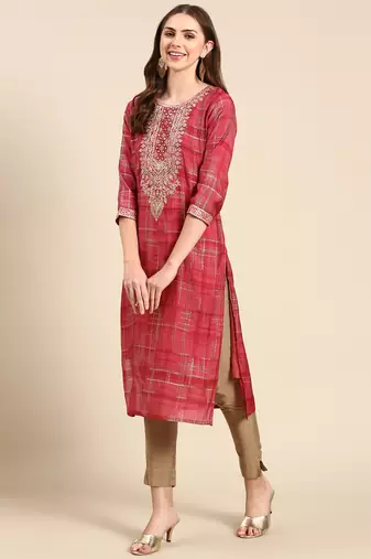 women's knee length round neck coral embellished straight kurta