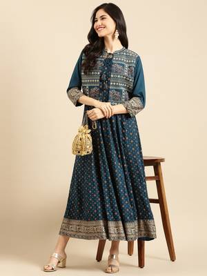 Showoff women's ankle length round neck teal ethnic motifs anarkali kurta 5