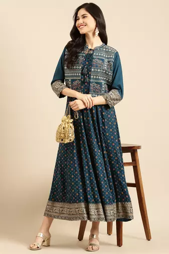 Showoff women's ankle length round neck teal ethnic motifs anarkali kurta