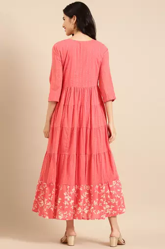 women's calf length round neck peach solid straight kurta
