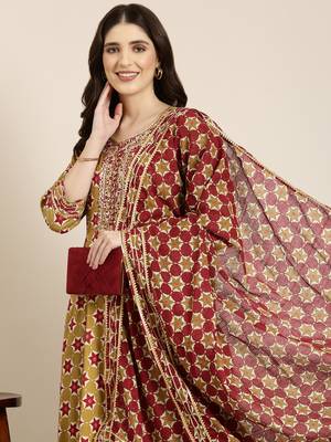 women's ankle length round neck khaki geometric anarkali kurta comes with duppatta 1
