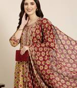 women's ankle length round neck khaki geometric anarkali kurta comes with duppatta