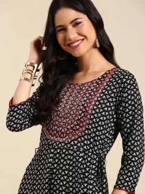 women's ankle length round neck black ethnic motifs anarkali kurta 2