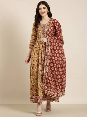 women's ankle length round neck khaki geometric anarkali kurta comes with duppatta 2
