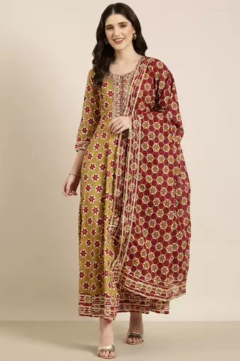 women's ankle length round neck khaki geometric anarkali kurta comes with duppatta