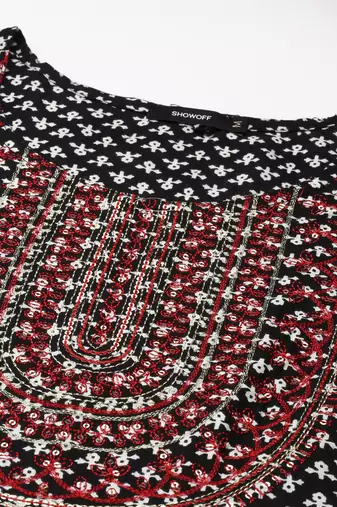 women's ankle length round neck black ethnic motifs anarkali kurta