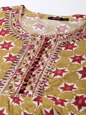 women's ankle length round neck khaki geometric anarkali kurta comes with duppatta 3