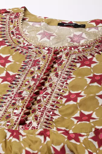 women's ankle length round neck khaki geometric anarkali kurta comes with duppatta
