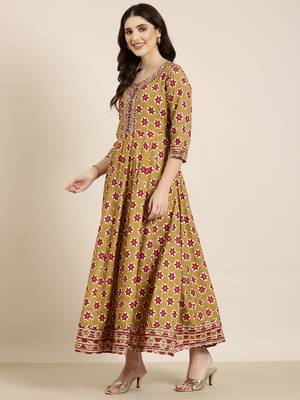 women's ankle length round neck khaki geometric anarkali kurta comes with duppatta 4