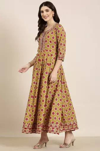 women's ankle length round neck khaki geometric anarkali kurta comes with duppatta