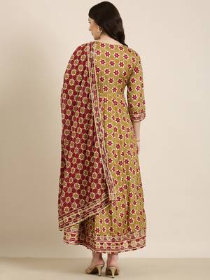 women's ankle length round neck khaki geometric anarkali kurta comes with duppatta 5