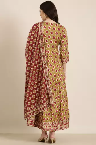 women's ankle length round neck khaki geometric anarkali kurta comes with duppatta