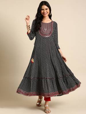 women's ankle length round neck black ethnic motifs anarkali kurta 1