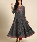 women's ankle length round neck black ethnic motifs anarkali kurta