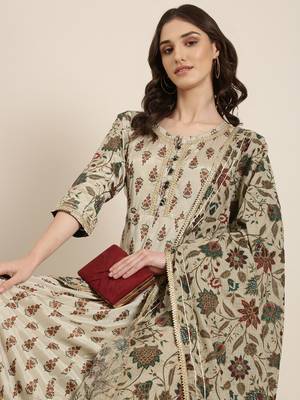 Showoff women's ankle length round neck taupe floral anarkali kurta comes with duppatta 1