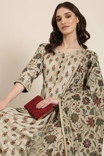 Showoff women's ankle length round neck taupe floral anarkali kurta comes with duppatta