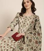 Showoff women's ankle length round neck taupe floral anarkali kurta comes with duppatta