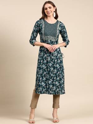 women's calf length scoop neck teal floral straight kurta 1