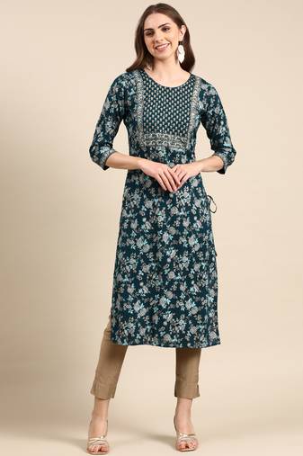 women's calf length scoop neck teal floral straight kurta