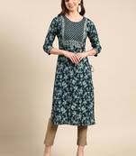 women's calf length scoop neck teal floral straight kurta