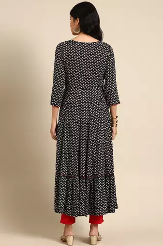 women's ankle length round neck black ethnic motifs anarkali kurta