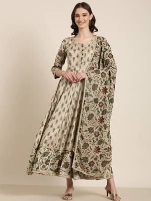Showoff women's ankle length round neck taupe floral anarkali kurta comes with duppatta 2