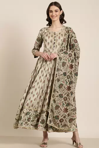 Showoff women's ankle length round neck taupe floral anarkali kurta comes with duppatta