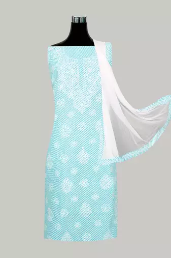 Ada Hand Embroidered Blue And White Cotton Lucknowi Chikankari Women Unstitched Suit Piece - A211243
