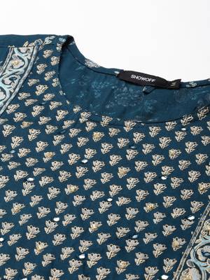 women's calf length scoop neck teal floral straight kurta 3