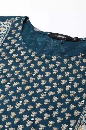 women's calf length scoop neck teal floral straight kurta