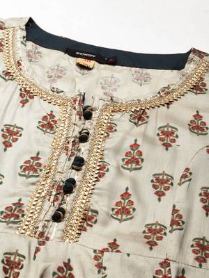 Showoff women's ankle length round neck taupe floral anarkali kurta comes with duppatta 3