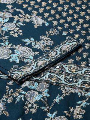 women's calf length scoop neck teal floral straight kurta 4