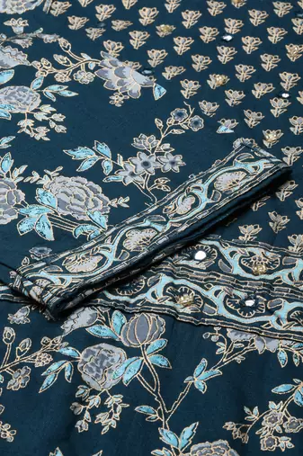 women's calf length scoop neck teal floral straight kurta