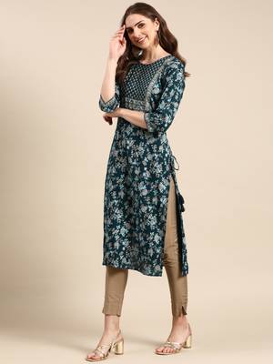 women's calf length scoop neck teal floral straight kurta 5