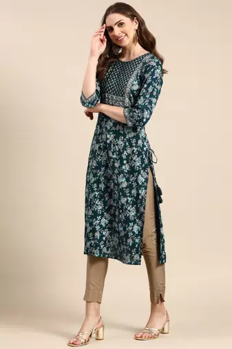 women's calf length scoop neck teal floral straight kurta