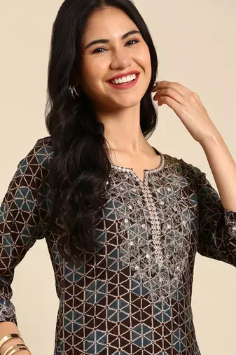 women's calf length round neck coffee brown geometric straight kurta