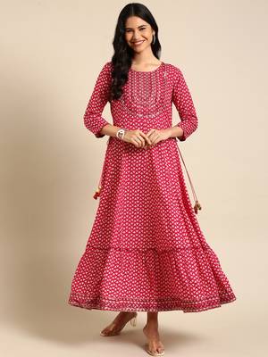 women's ankle length round neck magenta ethnic motifs anarkali kurta 1