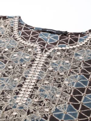 women's calf length round neck coffee brown geometric straight kurta 3