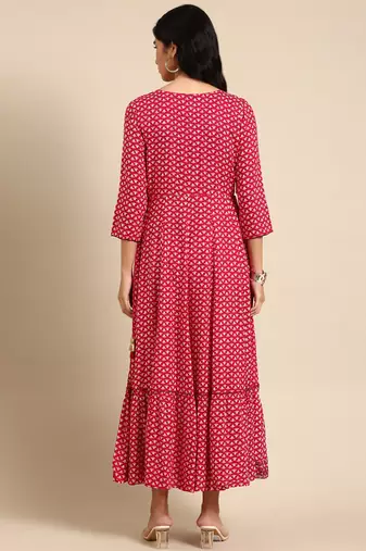 women's ankle length round neck magenta ethnic motifs anarkali kurta
