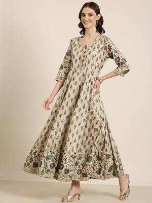 Showoff women's ankle length round neck taupe floral anarkali kurta comes with duppatta 5