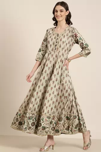 Showoff women's ankle length round neck taupe floral anarkali kurta comes with duppatta