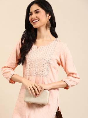 women's calf length round neck peach embellished straight kurta 2